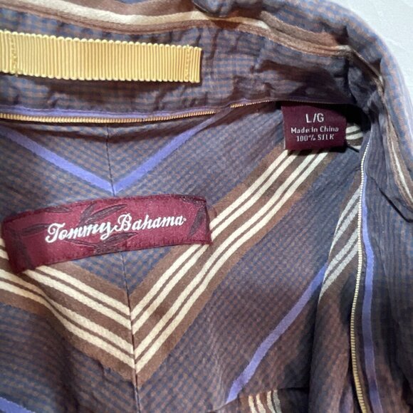 Tommy Bahama Shirt Mens L Button Up 100% Silk Brown‎ Blue Stripes Long Sleeves - Picture 3 of 11
